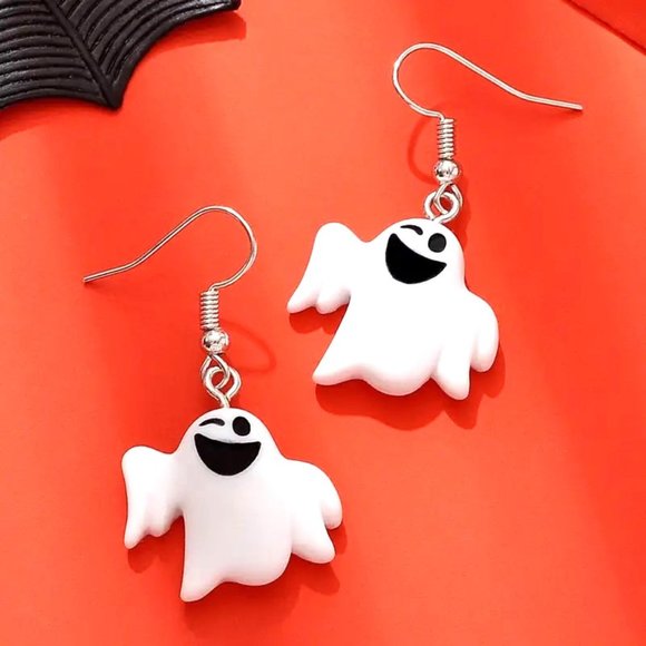 Ghost Earrings Dangle Halloween Cute Winking Party Costume Puffy Whimsical - Picture 2 of 4